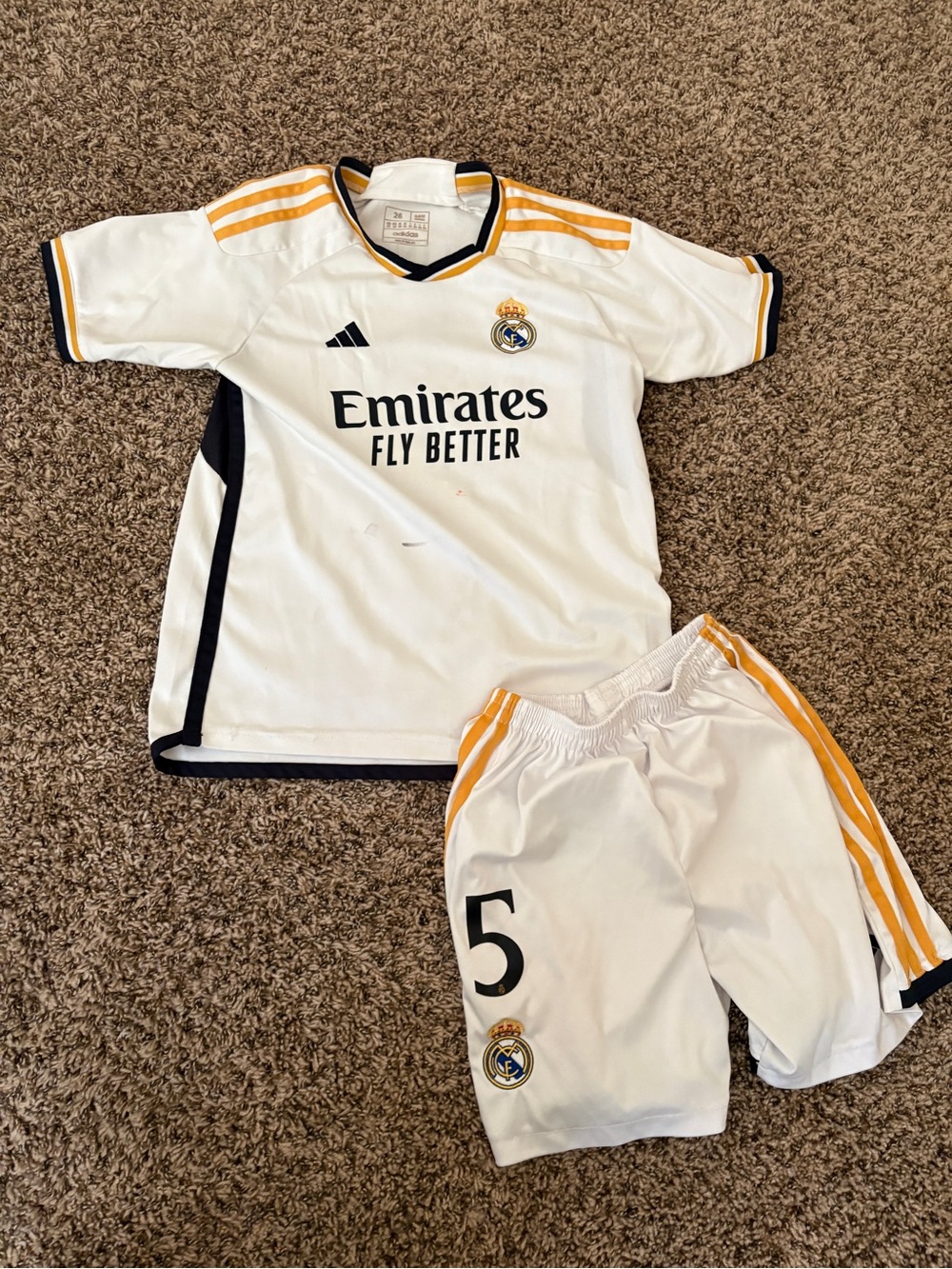 adidas White and Gold Real Madrid Kids Jersey & Shorts Set